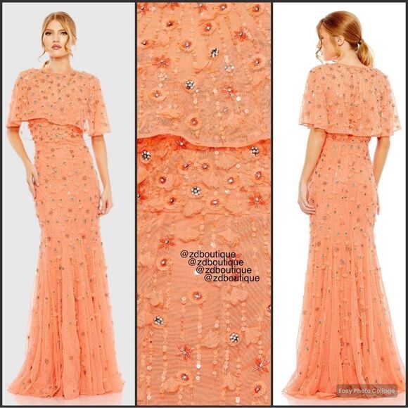 MAC DUGGAL 93653 Orange Embellished Illusion Cape Sleeve Trumpet Gown Dress - Picture 1 of 13